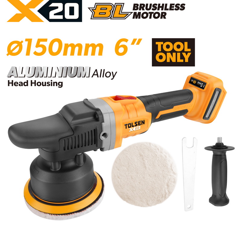 TOLSEN X20 20V brushless cordless 150mm (6-inch) polisher bare tool, highlighting its durable aluminum alloy head housing and included polishing pad and side handle.