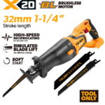 TOLSEN X20 20V brushless cordless reciprocating saw bare tool, featuring a 32mm (1-1/4 inch) stroke length, simulated blade lift for efficient sawing, and soft start technology.