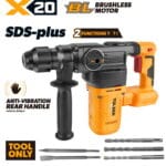 TOLSEN X20 20V brushless cordless SDS-Plus rotary hammer shown as a bare tool, highlighting the anti-vibration handle, 2-function switch, and included masonry drill bits.