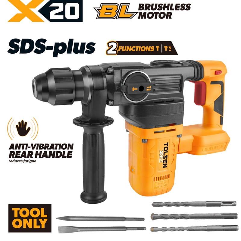 TOLSEN X20 20V brushless cordless SDS-Plus rotary hammer shown as a bare tool, highlighting the anti-vibration handle, 2-function switch, and included masonry drill bits.