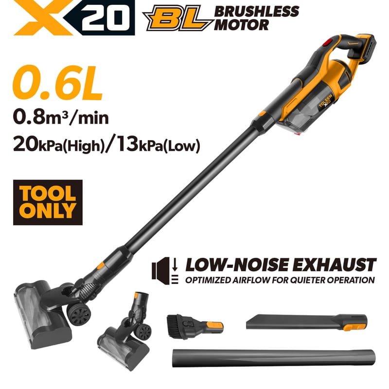 TOLSEN X20 20V brushless cordless stick vacuum cleaner shown as a bare tool, highlighting its powerful 20kPa high suction, low-noise exhaust, and floor brush attachment.