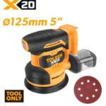 TOLSEN X20 20V cordless 125mm (5-inch) random orbit sander bare tool, highlighting its ergonomic palm grip, attached dust collection box, and included sanding pad.