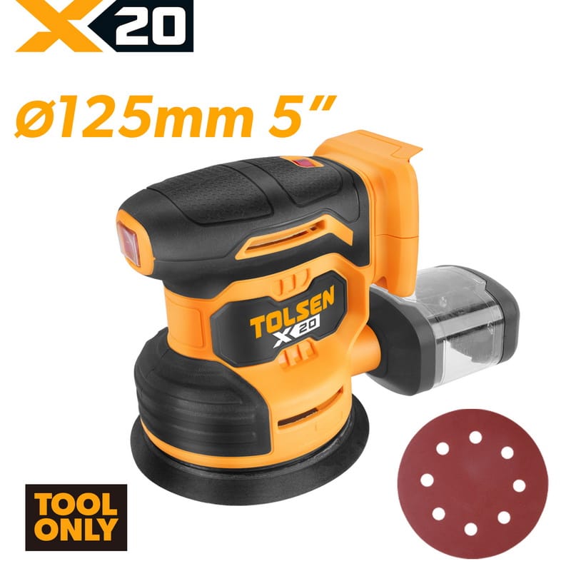 TOLSEN X20 20V cordless 125mm (5-inch) random orbit sander bare tool, highlighting its ergonomic palm grip, attached dust collection box, and included sanding pad.