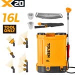 TOLSEN X20 20V cordless 16L backpack sprayer shown as a bare tool, highlighting the multiple spray nozzle options, spray wand, back pad, and shoulder straps.