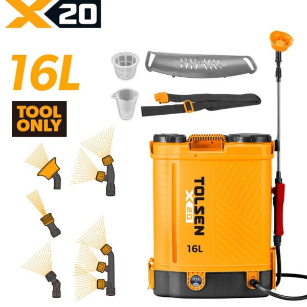 TOLSEN X20 20V cordless 16L backpack sprayer shown as a bare tool, highlighting the multiple spray nozzle options, spray wand, back pad, and shoulder straps.