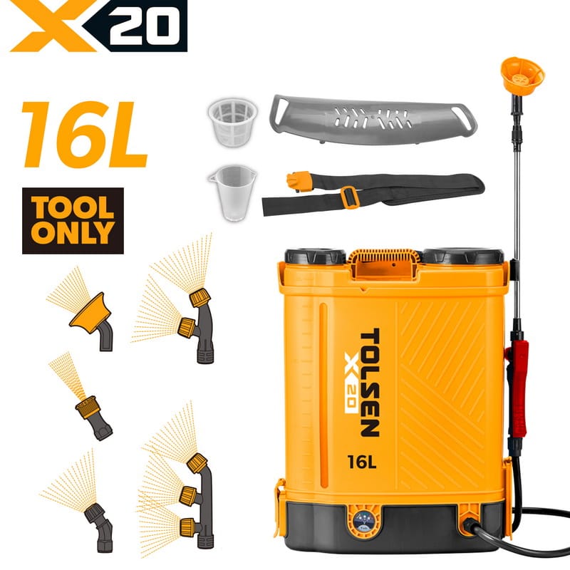 TOLSEN X20 20V cordless 16L backpack sprayer shown as a bare tool, highlighting the multiple spray nozzle options, spray wand, back pad, and shoulder straps.