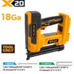 TOLSEN X20 20V cordless 18 Gauge 2-in-1 staple gun and brad nailer shown as a bare tool, highlighting its compatibility with F brads and K staples.