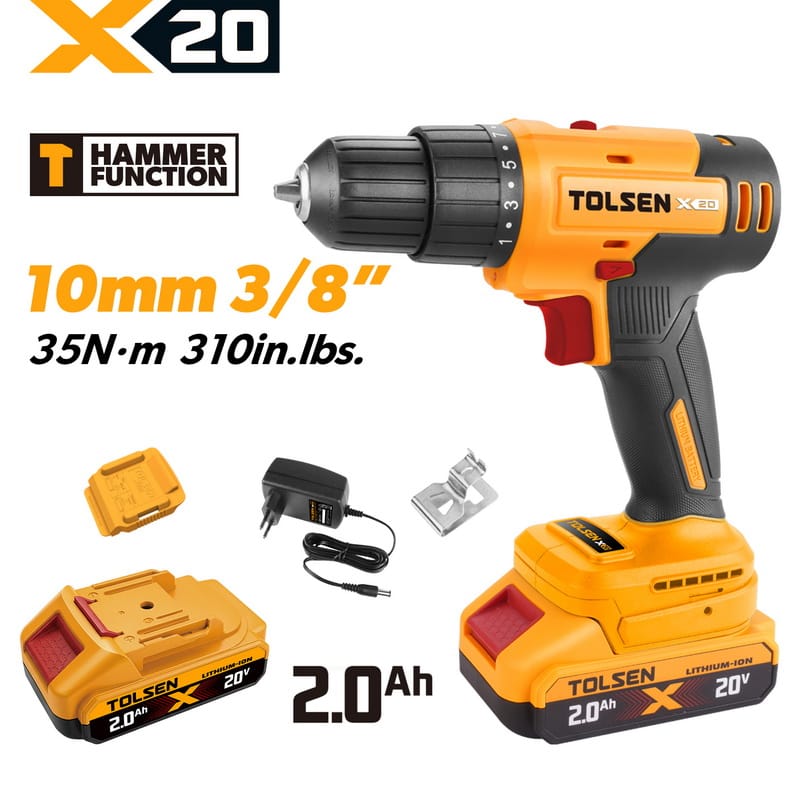 TOLSEN X20 20V cordless hammer drill with a 10mm (3/8-inch) chuck and 35Nm torque, displayed as a kit with one 2.0Ah lithium-ion battery, plug-in charger, and belt clip.