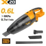 TOLSEN X20 20V cordless handheld vacuum cleaner bare tool, highlighting its 0.6L dust capacity, >8KPa strong suction power, and included nozzle accessories.