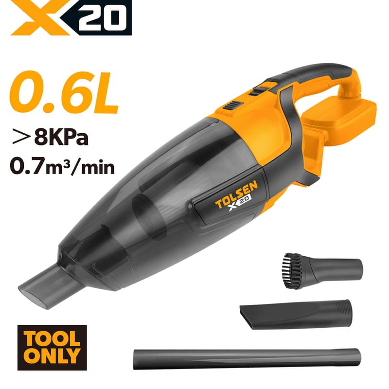 TOLSEN X20 20V cordless handheld vacuum cleaner bare tool, highlighting its 0.6L dust capacity, >8KPa strong suction power, and included nozzle accessories.