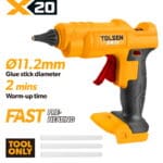 TOLSEN X20 20V cordless hot melt glue gun shown as a bare tool, highlighting its fast 2-minute warm-up time, compatibility with 11.2mm glue sticks, and three included glue sticks.