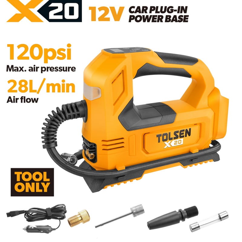 TOLSEN X20 20V cordless tire inflator bare tool, highlighting its 120psi max pressure, 28L/min airflow, and dual-power 12V car plug-in base, with included nozzle accessories.