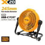 TOLSEN X20 20V cordless jobsite fan shown as a bare tool, highlighting its large 245mm fan blade diameter, sturdy adjustable stand, and a built-in USB-C output port for charging mobile devices.