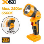 TOLSEN X20 20V cordless LED work light shown as a bare tool, highlighting its 250 lumens maximum brightness, 6500K color temperature, and 90-degree rotating head.