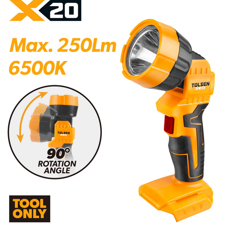 TOLSEN X20 20V cordless LED work light shown as a bare tool, highlighting its 250 lumens maximum brightness, 6500K color temperature, and 90-degree rotating head.