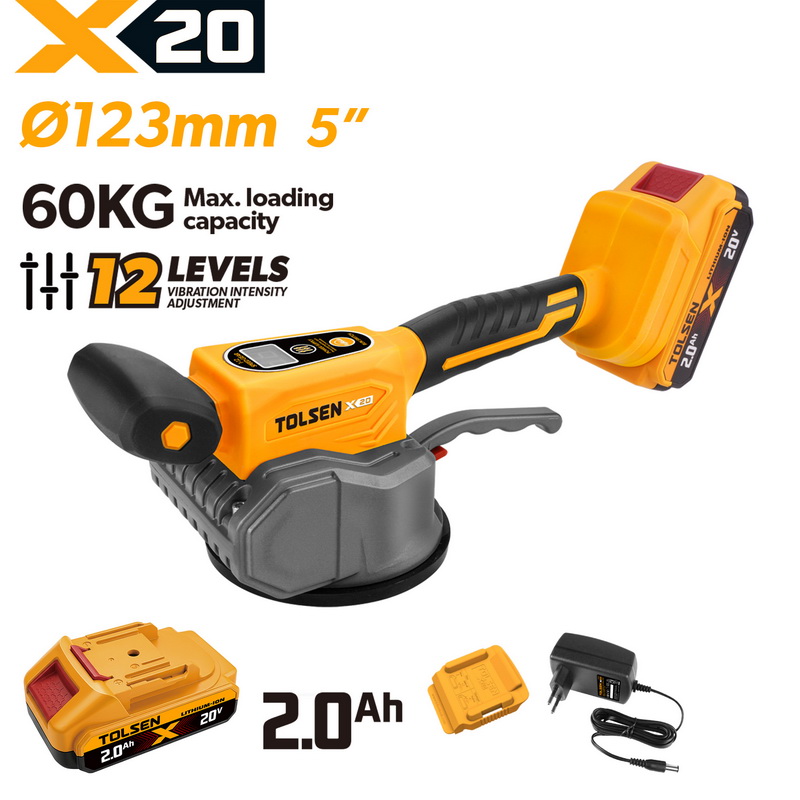 TOLSEN X20 20V cordless tile vibration machine kit, featuring a 123mm suction cup with 60KG max loading capacity and 12 levels of vibration adjustment, displayed with a 2.0Ah battery and charger.