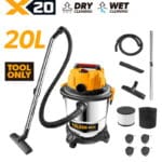 TOLSEN X20 20V cordless wet and dry vacuum cleaner shown as a bare tool, highlighting its 20L stainless steel tank, telescopic wand, filters, and various cleaning nozzles.
