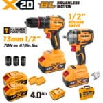 TOLSEN X20 20V heavy-duty brushless 2-piece combo kit, featuring a 70Nm hammer drill and a 500Nm impact wrench, displayed with two 4.0Ah batteries, charger, hard case, and impact sockets.