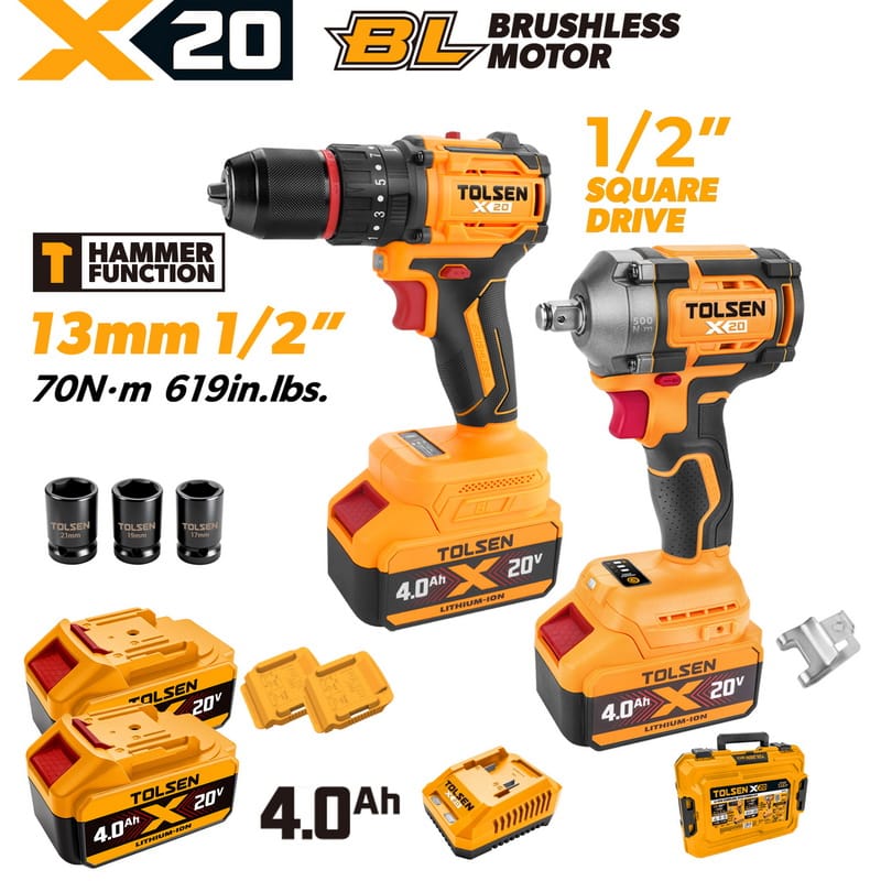 TOLSEN X20 20V heavy-duty brushless 2-piece combo kit, featuring a 70Nm hammer drill and a 500Nm impact wrench, displayed with two 4.0Ah batteries, charger, hard case, and impact sockets.