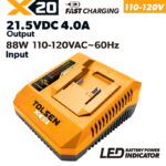 TOLSEN X20 Series 4-Amp fast battery charger specifically designed for 110-120V inputs, featuring an 88W power capacity and an LED battery power indicator panel.