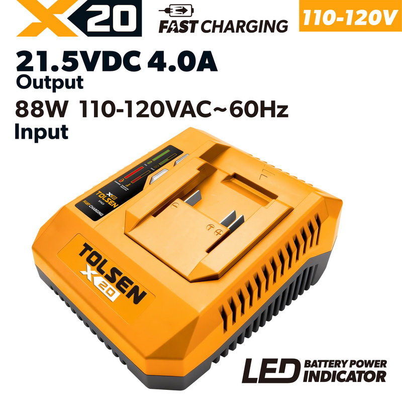 TOLSEN X20 Series 4-Amp fast battery charger specifically designed for 110-120V inputs, featuring an 88W power capacity and an LED battery power indicator panel.