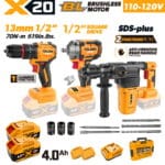 TOLSEN 20V heavy-duty brushless 3-tool combo kit designed for North America, including a hammer drill, 1/2-inch impact wrench, and rotary hammer, featuring a 110-120V charger and two 4.0Ah batteries.