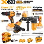 Ultimate TOLSEN 20V brushless 3-piece combo kit featuring a 70Nm hammer drill, an M14 115mm angle grinder, and an SDS-plus rotary hammer, displayed with two 4.0Ah batteries and a hard case.