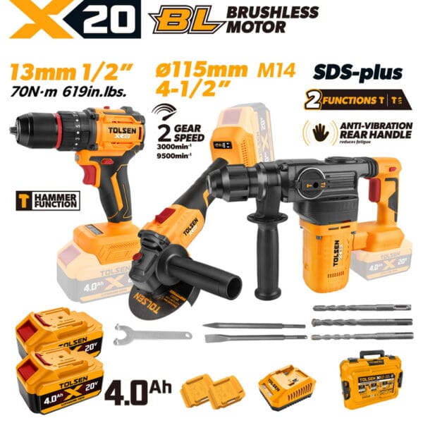 Ultimate TOLSEN 20V brushless 3-piece combo kit featuring a 70Nm hammer drill, an M14 115mm angle grinder, and an SDS-plus rotary hammer, displayed with two 4.0Ah batteries and a hard case.
