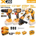 TOLSEN 20V heavy-duty brushless 4-tool combo kit specifically for North America, including a hammer drill, impact wrench, 5/8-inch spindle angle grinder, and LED light, featuring a 110-120V fast charger.