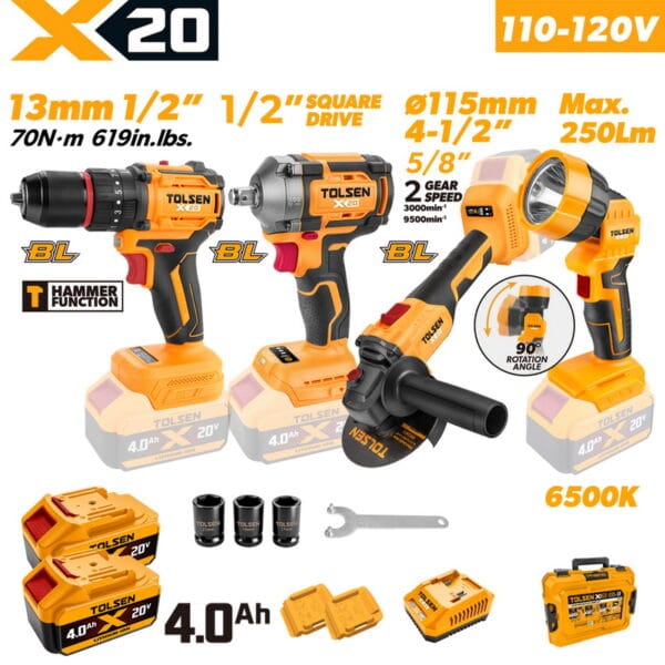 TOLSEN 20V heavy-duty brushless 4-tool combo kit specifically for North America, including a hammer drill, impact wrench, 5/8-inch spindle angle grinder, and LED light, featuring a 110-120V fast charger.