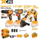 Comprehensive TOLSEN 20V brushless 4-piece combo kit featuring a 70Nm hammer drill, 1/2-inch impact wrench, M14 115mm angle grinder, and 250Lm LED work light, displayed with two 4.0Ah batteries.