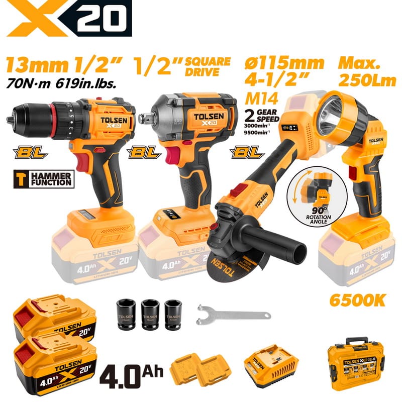 Comprehensive TOLSEN 20V brushless 4-piece combo kit featuring a 70Nm hammer drill, 1/2-inch impact wrench, M14 115mm angle grinder, and 250Lm LED work light, displayed with two 4.0Ah batteries.