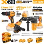 TOLSEN 20V heavy-duty brushless 3-tool combo kit specifically for North America, including a hammer drill, a 5/8-inch spindle angle grinder, and a rotary hammer, featuring a 110-120V charger and two 4.0Ah batteries.