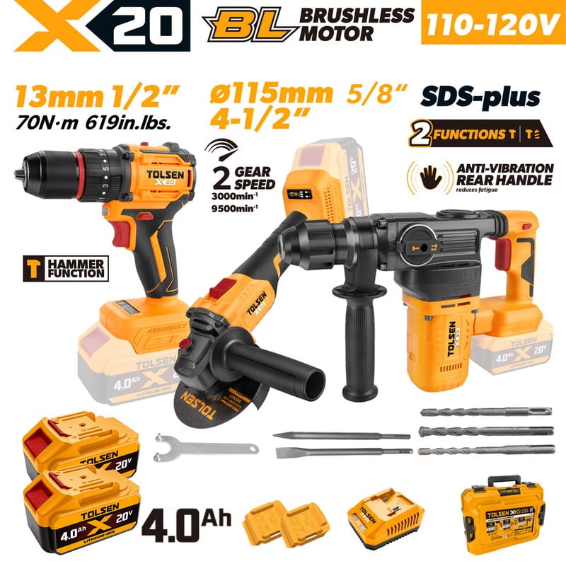 TOLSEN 20V heavy-duty brushless 3-tool combo kit specifically for North America, including a hammer drill, a 5/8-inch spindle angle grinder, and a rotary hammer, featuring a 110-120V charger and two 4.0Ah batteries.