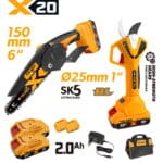 TOLSEN 20V cordless 2-piece garden combo kit, featuring a 150mm mini chain saw and a 25mm brushless pruning shear with SK5 blades, displayed with two 2.0Ah batteries, charger, and a tool bag.