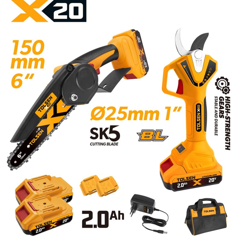 TOLSEN 20V cordless 2-piece garden combo kit, featuring a 150mm mini chain saw and a 25mm brushless pruning shear with SK5 blades, displayed with two 2.0Ah batteries, charger, and a tool bag.