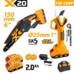 TOLSEN 20V cordless power tool combo kit specifically for North America, including a 6-inch mini chainsaw, a 1-inch capacity brushless pruning shear, two 2.0Ah batteries, a 110-120V charger, and a carrying bag.