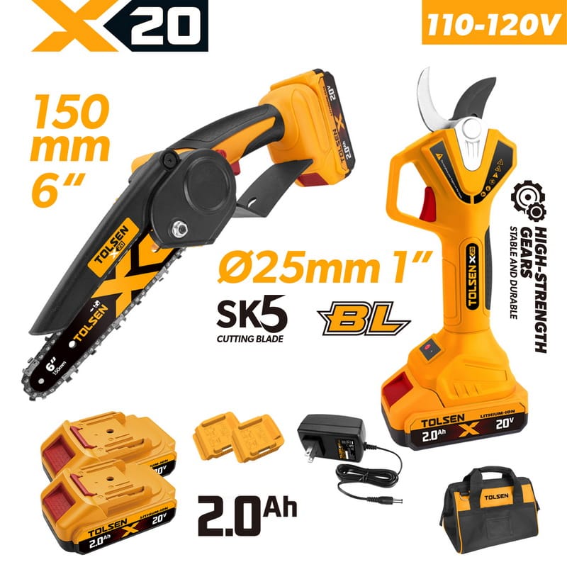 TOLSEN 20V cordless power tool combo kit specifically for North America, including a 6-inch mini chainsaw, a 1-inch capacity brushless pruning shear, two 2.0Ah batteries, a 110-120V charger, and a carrying bag.