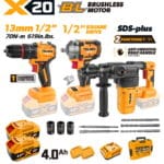 Ultimate TOLSEN X20 20V brushless 3-piece construction combo kit, featuring a 70Nm hammer drill, a 1/2-inch impact wrench, and an SDS-plus rotary hammer, complete with two 4.0Ah batteries and a hard case.