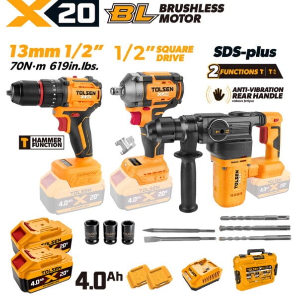 Ultimate TOLSEN X20 20V brushless 3-piece construction combo kit, featuring a 70Nm hammer drill, a 1/2-inch impact wrench, and an SDS-plus rotary hammer, complete with two 4.0Ah batteries and a hard case.