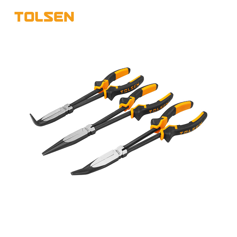 Tolsen 3pcs 11 inch 280mm long reach nose pliers set including straight 45 and 90 degree bent pliers