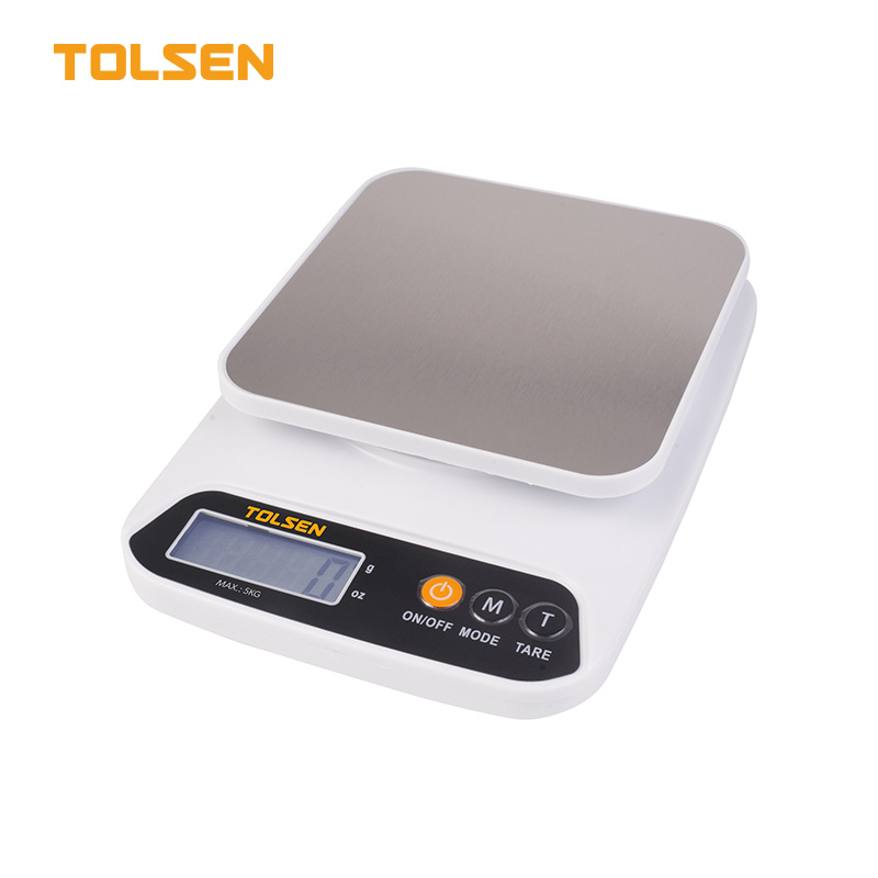 Tolsen 35209 5kg 1g digital kitchen electronic scale with stainless steel platform and LCD display.