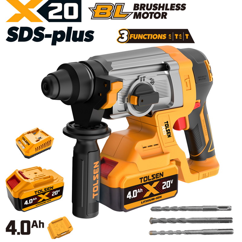 Tolsen X20 20V brushless SDS-Plus rotary hammer kit with 4.0Ah battery, charger, and drill bits