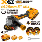 Tolsen X20 20V brushless 125mm cordless angle grinder kit with 4.0Ah battery, charger, and grinding discs