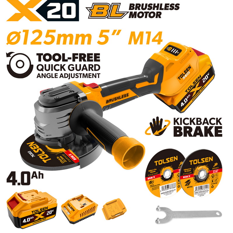 Tolsen X20 20V brushless 125mm cordless angle grinder kit with 4.0Ah battery, charger, and grinding discs