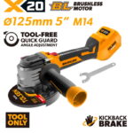 Tolsen X20 20V brushless 5 inch 125mm cordless angle grinder tool only M14 with kickback brake