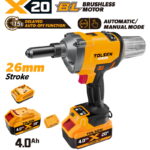 Tolsen X20 20V brushless cordless rivet gun kit with 4.0Ah battery, charger, and 26mm stroke