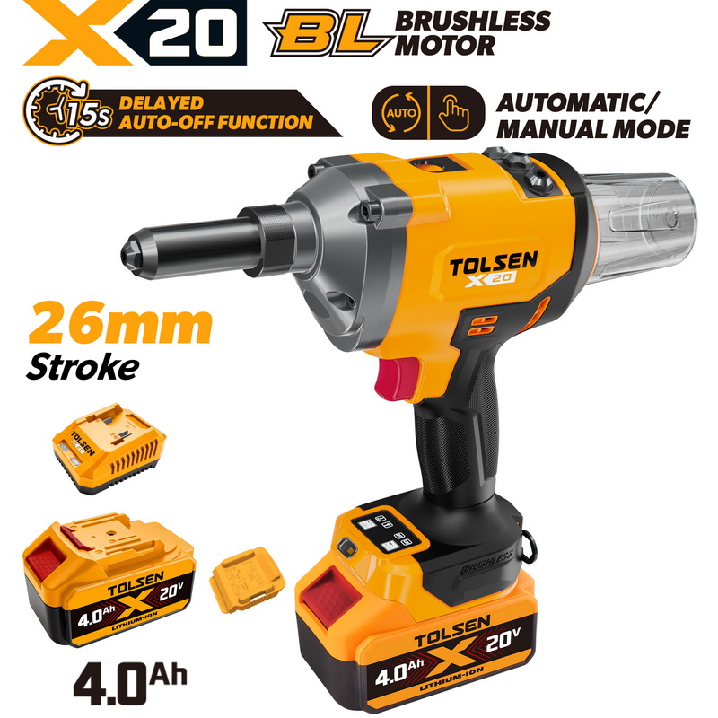 Tolsen X20 20V brushless cordless rivet gun kit with 4.0Ah battery, charger, and 26mm stroke